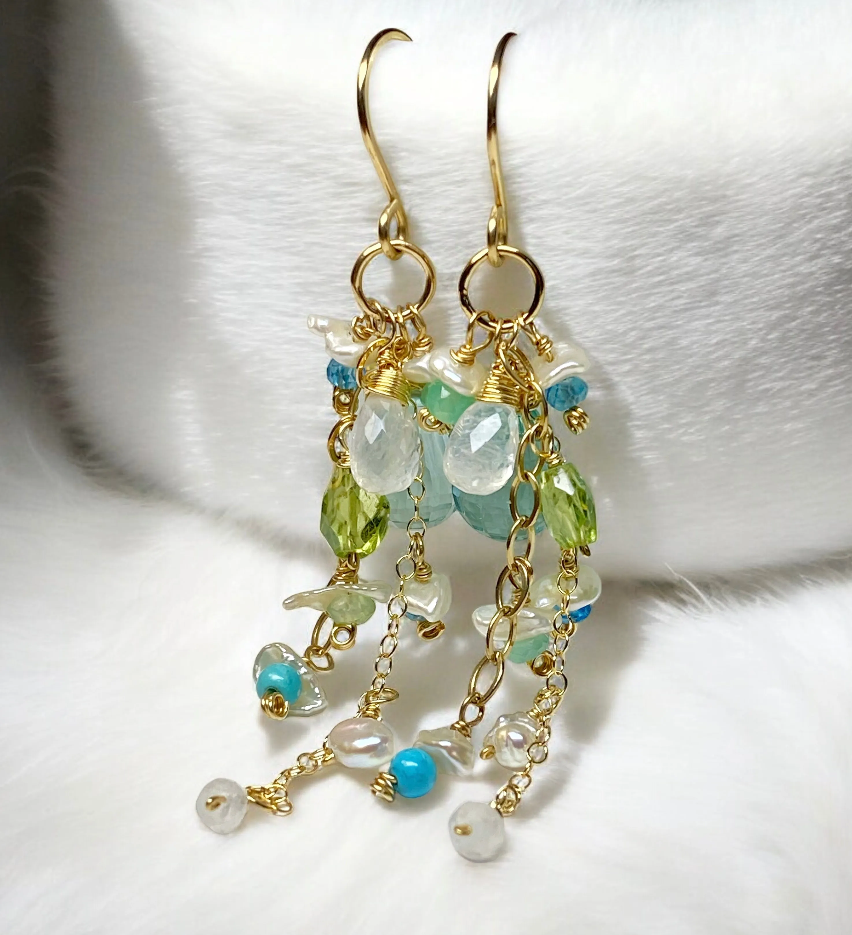 Aqua Gemstone Pearl Dangle Earrings Gold Fill
