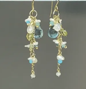 Aqua Gemstone Pearl Dangle Earrings Gold Fill