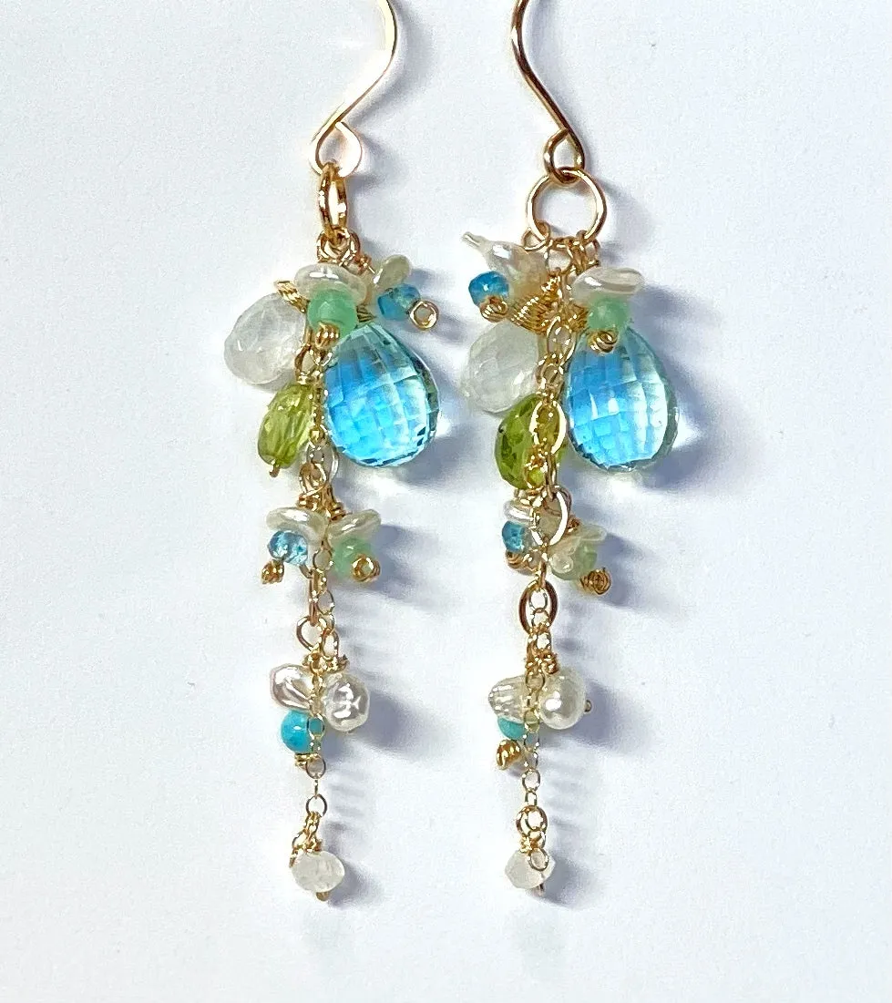 Aqua Gemstone Pearl Dangle Earrings Gold Fill