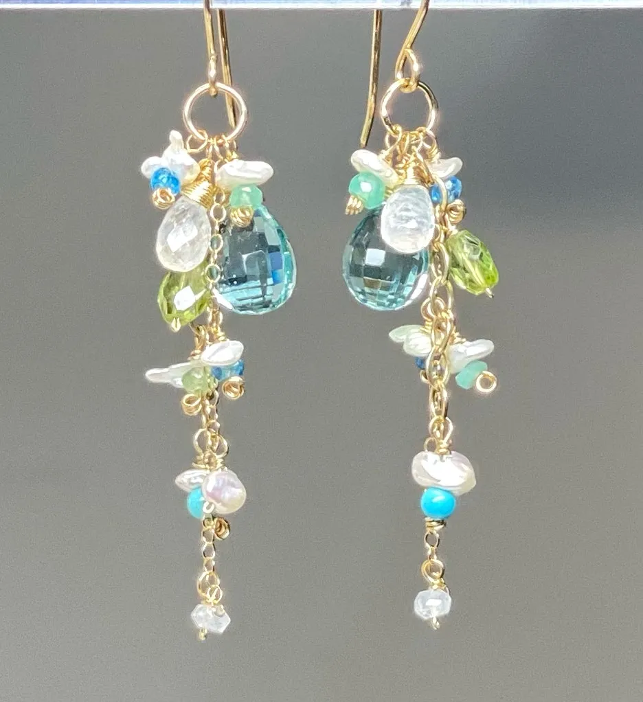 Aqua Gemstone Pearl Dangle Earrings Gold Fill