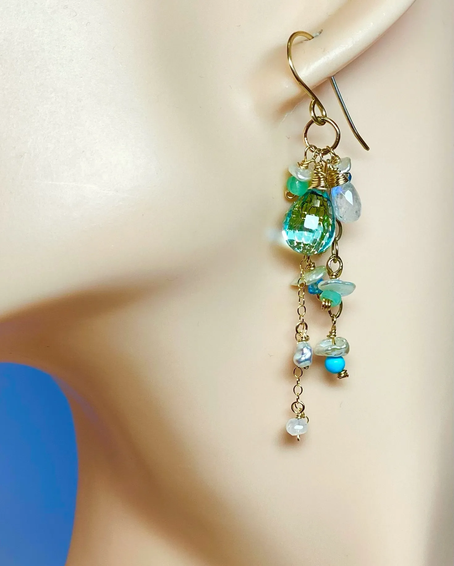 Aqua Gemstone Pearl Dangle Earrings Gold Fill