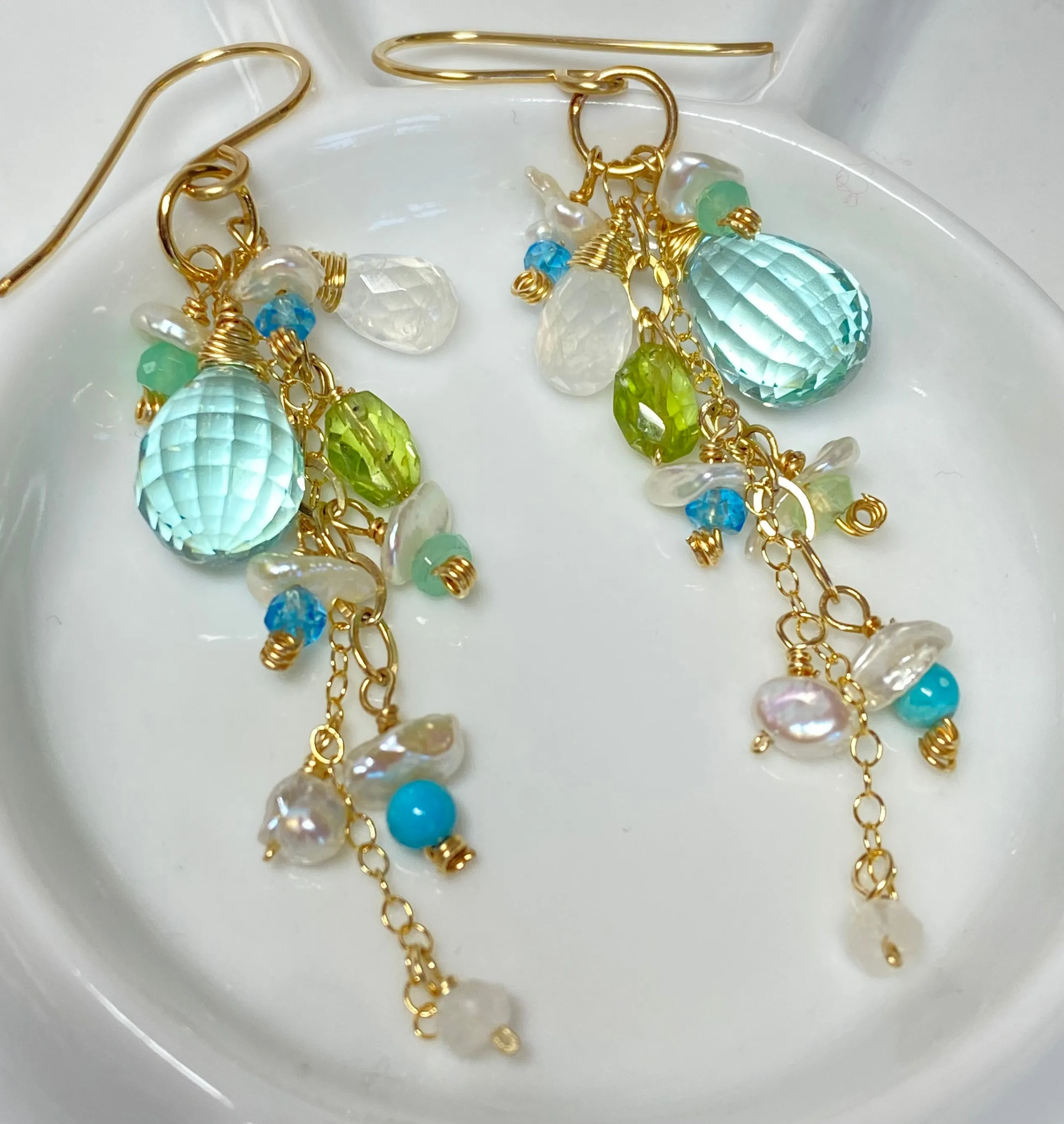 Aqua Gemstone Pearl Dangle Earrings Gold Fill