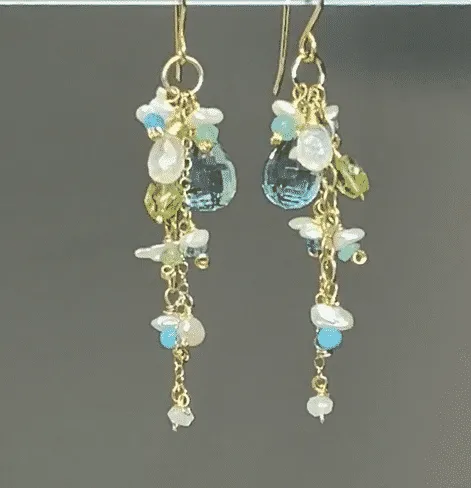Aqua Gemstone Pearl Dangle Earrings Gold Fill