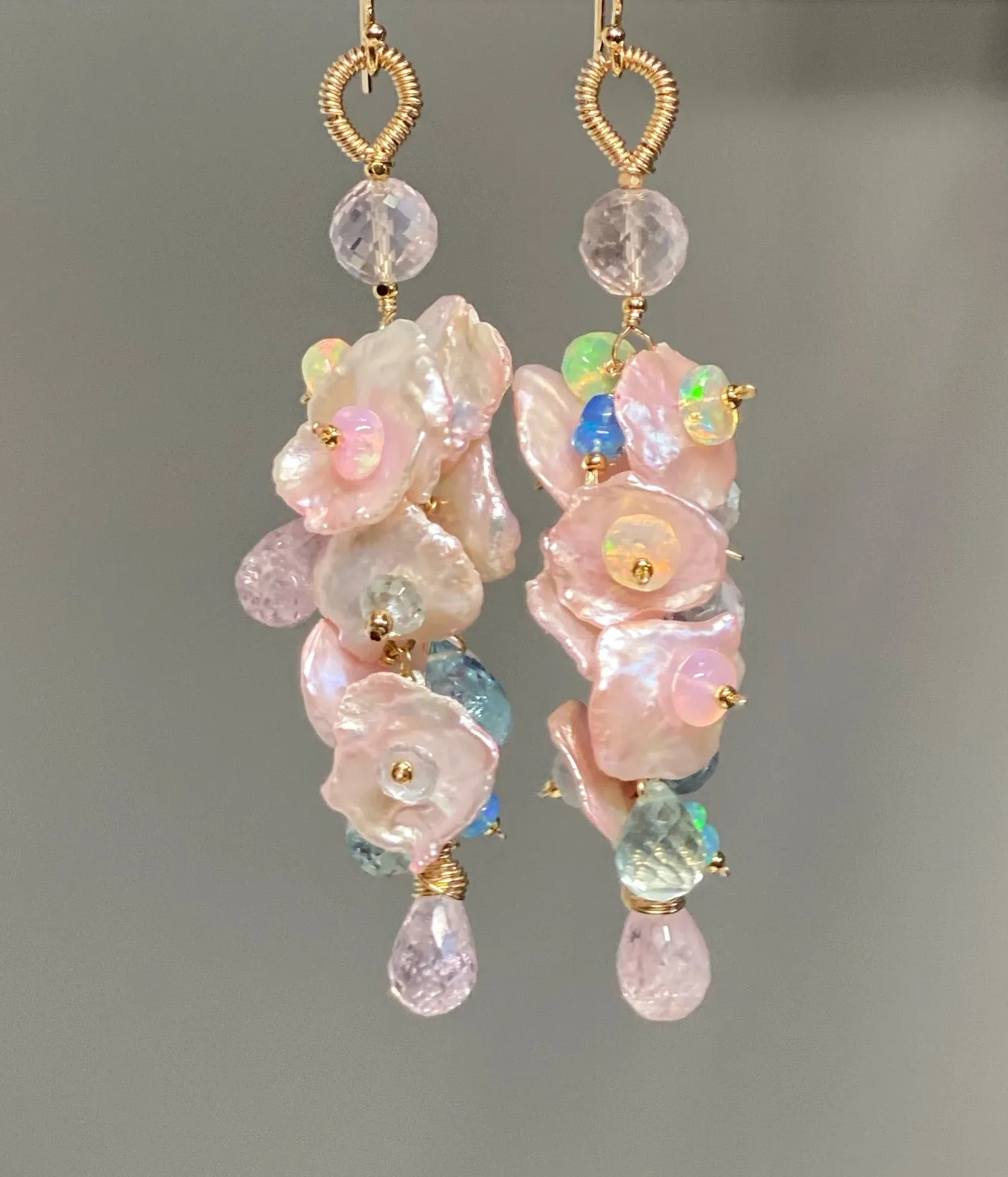 Aquamarine, Morganite, Opal Gemstone and Keishi Pearl Dangle Wedding Earrings 3