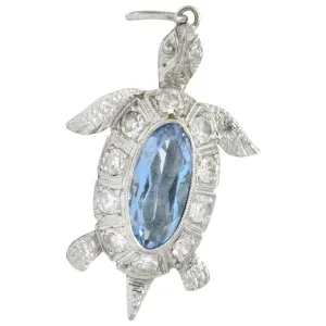 Art Deco 0.66 CTW Aquamarine Diamond Platinum Turtle Charm