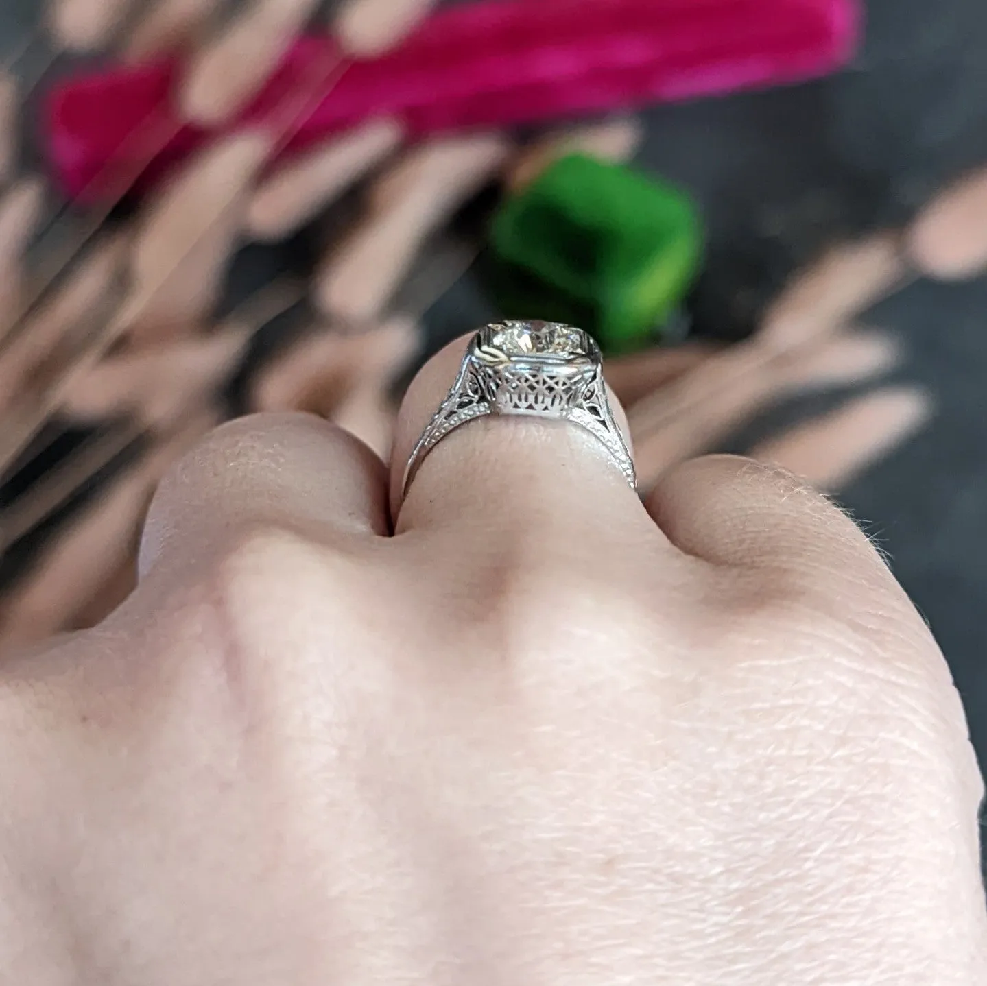 Art Deco 0.87 CTW Diamond Platinum Cushion Engagement Ring