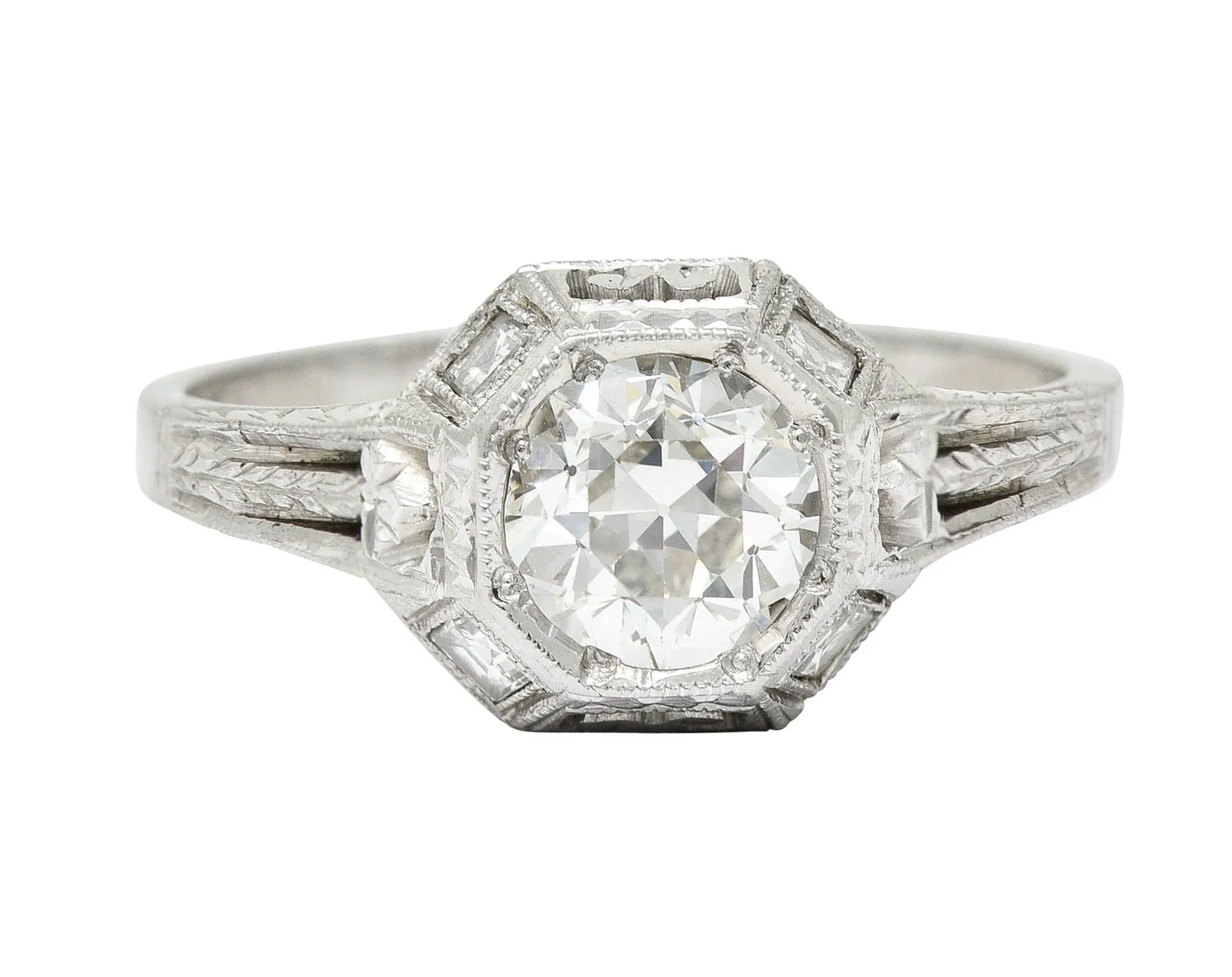 Art Deco 1.05 CTW Diamond 18 Karat White Gold Foliate Engagement Ring