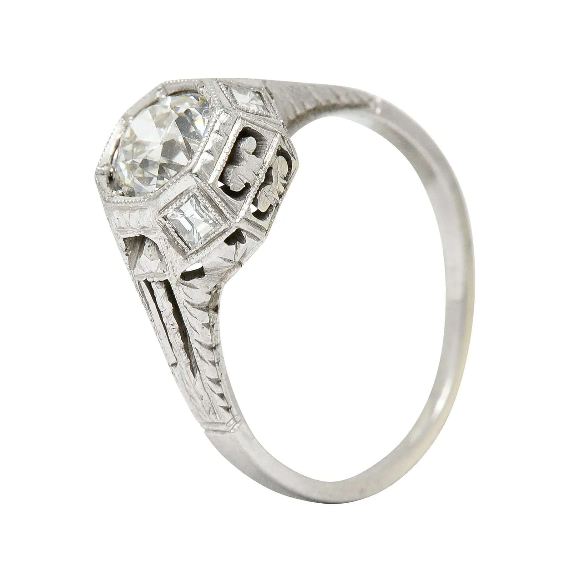 Art Deco 1.05 CTW Diamond 18 Karat White Gold Foliate Engagement Ring