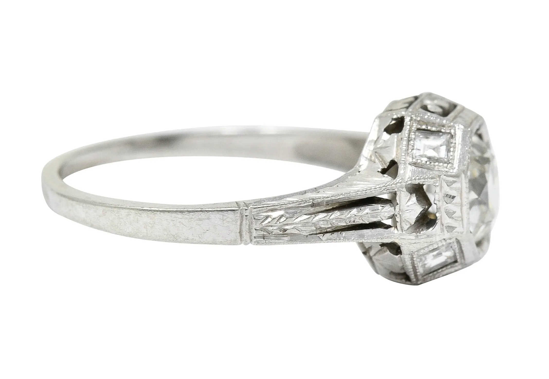 Art Deco 1.05 CTW Diamond 18 Karat White Gold Foliate Engagement Ring