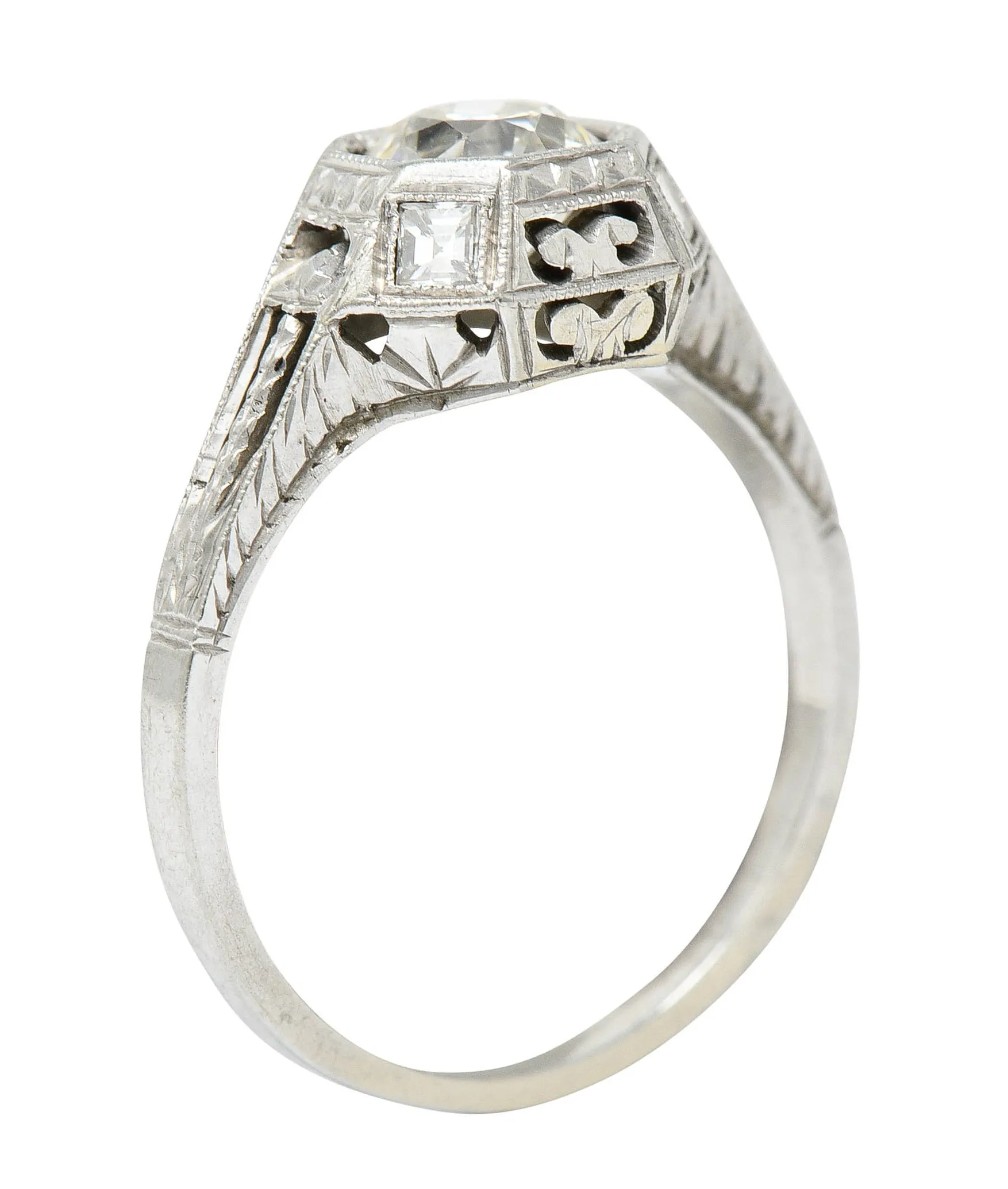 Art Deco 1.05 CTW Diamond 18 Karat White Gold Foliate Engagement Ring
