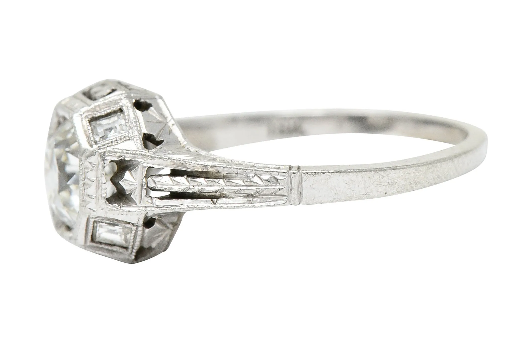 Art Deco 1.05 CTW Diamond 18 Karat White Gold Foliate Engagement Ring