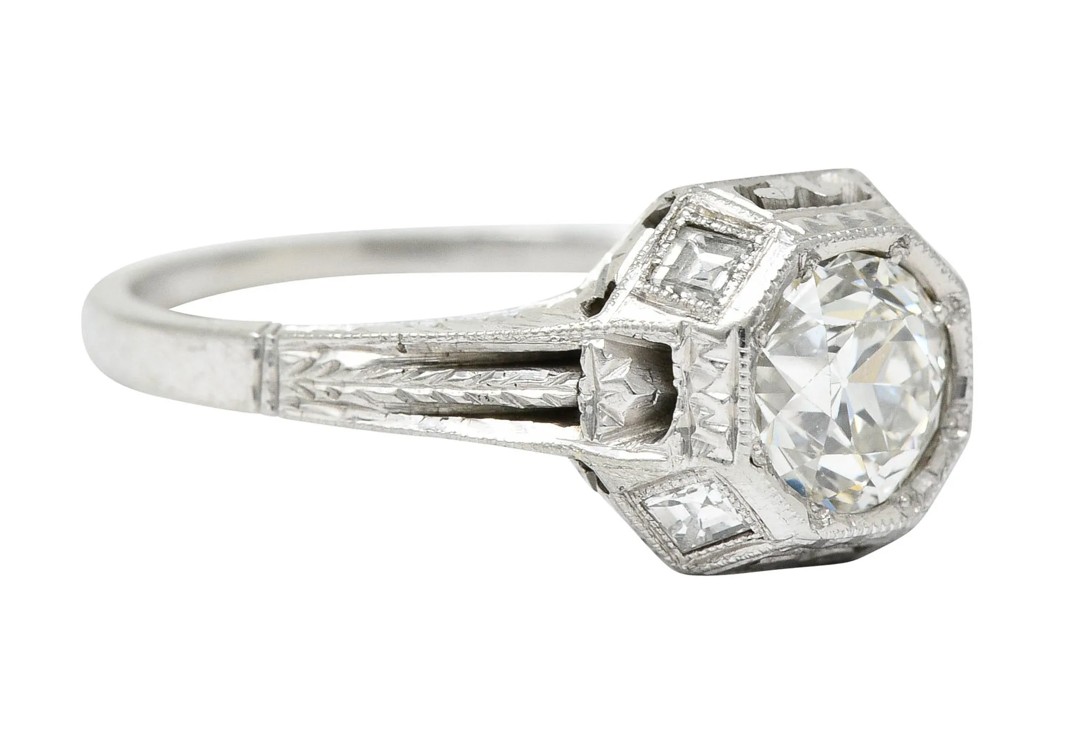 Art Deco 1.05 CTW Diamond 18 Karat White Gold Foliate Engagement Ring