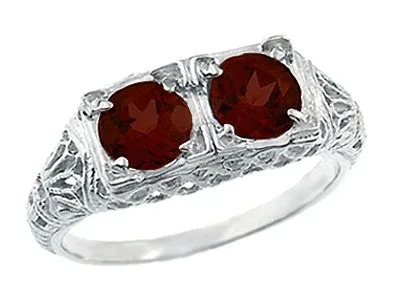 Art Deco Almandite Garnet Duo Filigree Ring in 14 Karat White Gold