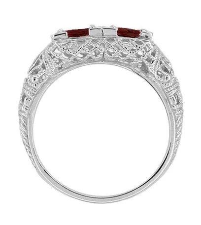 Art Deco Almandite Garnet Duo Filigree Ring in 14 Karat White Gold