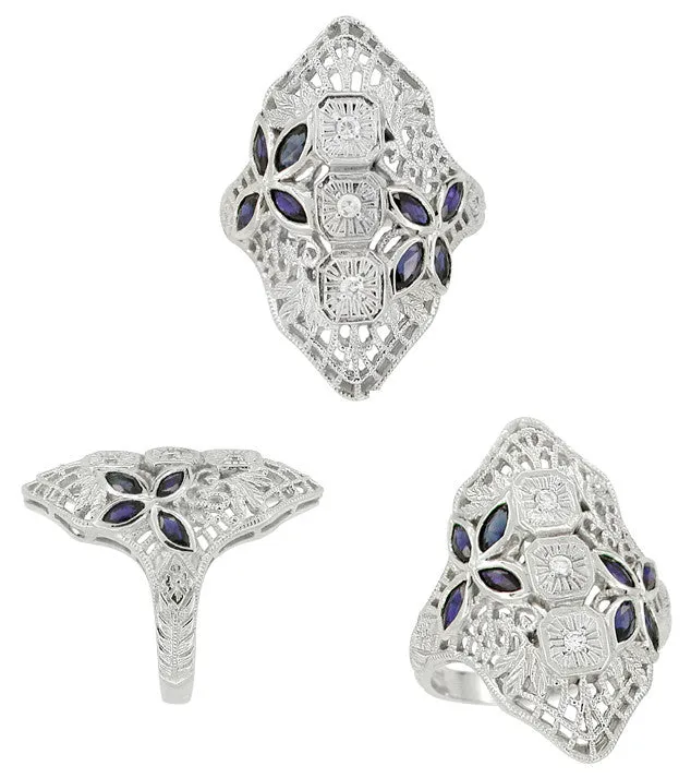 Art Deco Blue Sapphire and Cubic Zirconia Filigree Cocktail Ring in 14 Karat White Gold