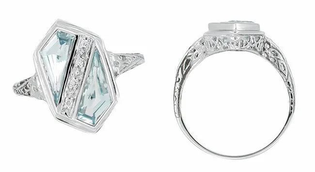 Art Deco Blue Topaz Royal Shield Filigree Ring in 14 Karat White Gold