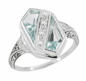 Art Deco Blue Topaz Royal Shield Filigree Ring in 14 Karat White Gold