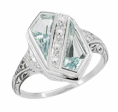 Art Deco Blue Topaz Royal Shield Filigree Ring in 14 Karat White Gold