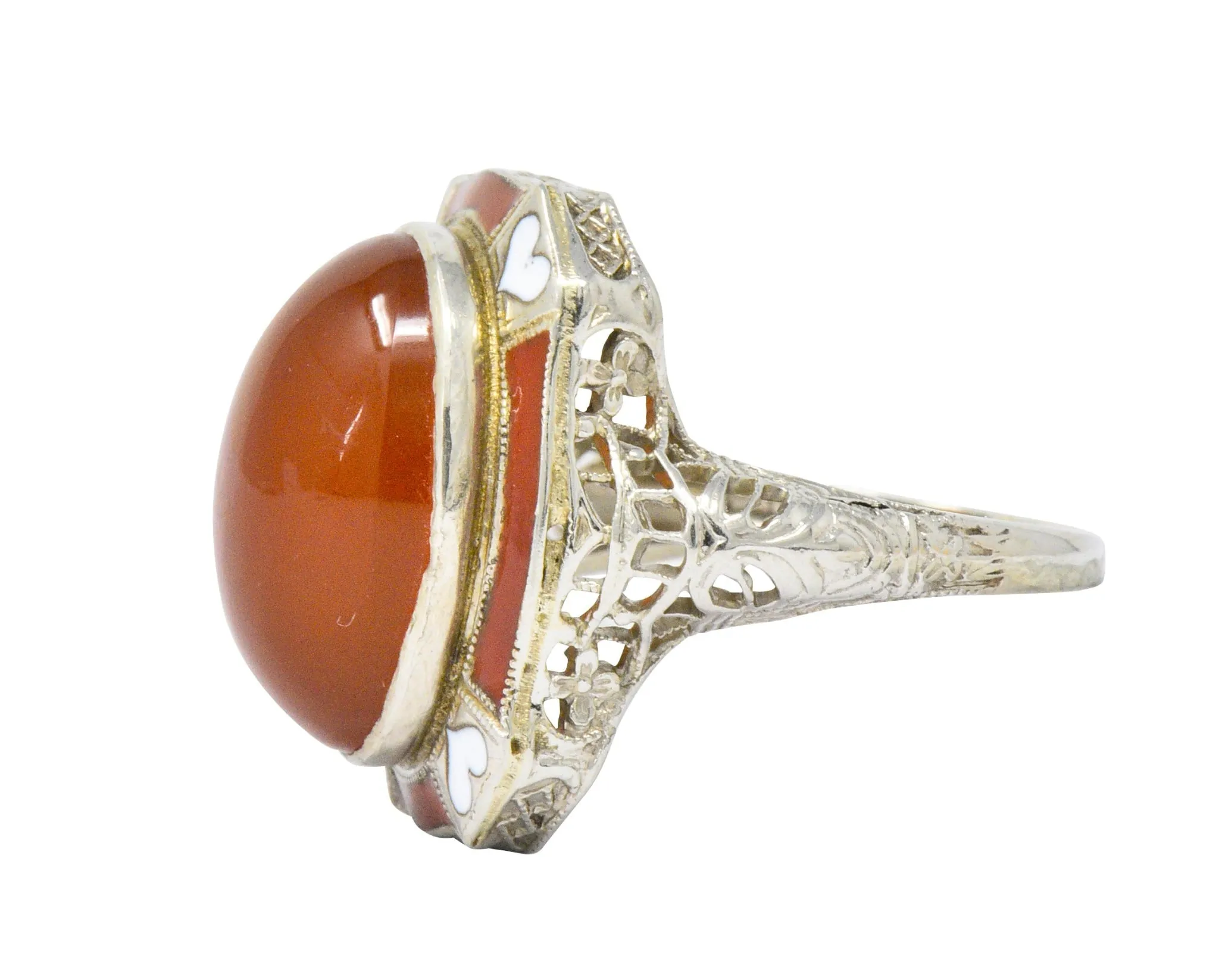 Art Deco Carnelian Enamel Hearts 14 Karat White Gold Ring