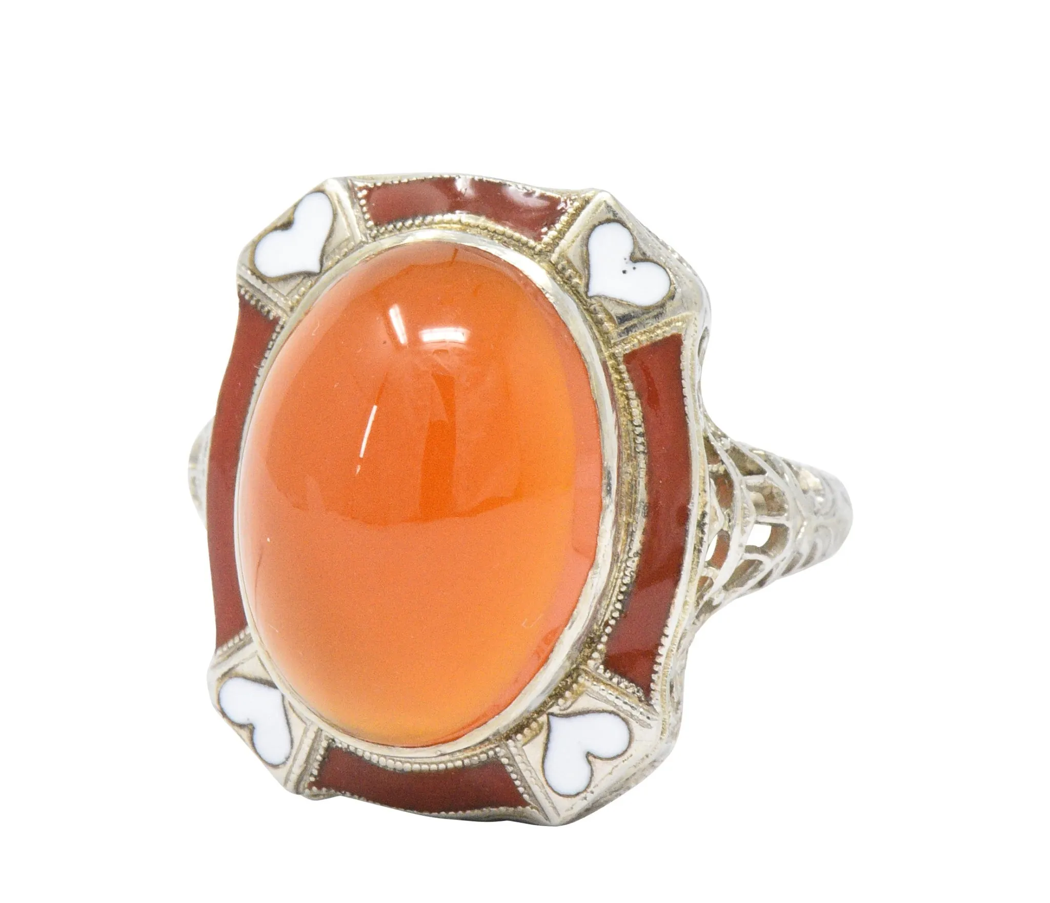 Art Deco Carnelian Enamel Hearts 14 Karat White Gold Ring