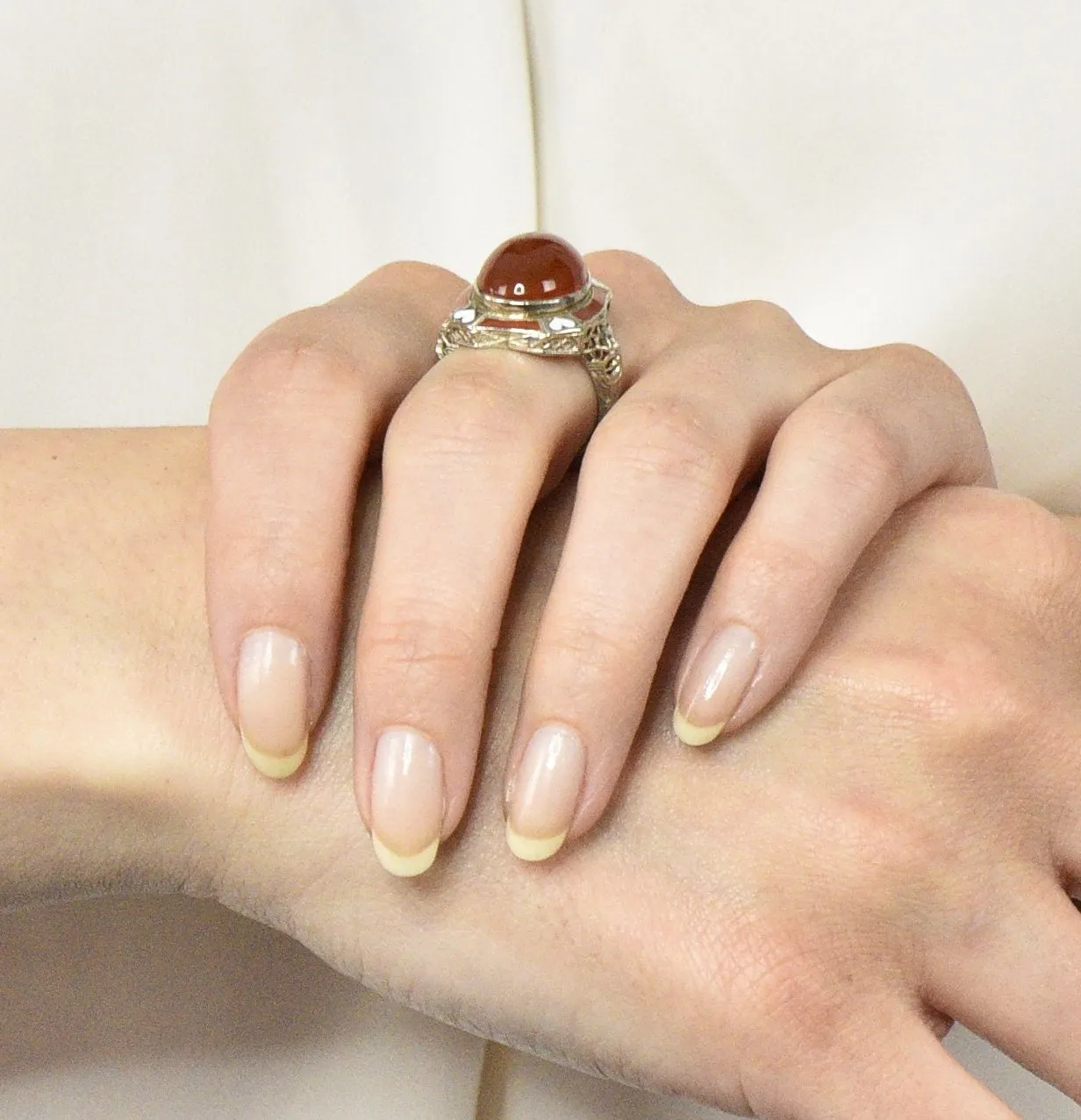 Art Deco Carnelian Enamel Hearts 14 Karat White Gold Ring