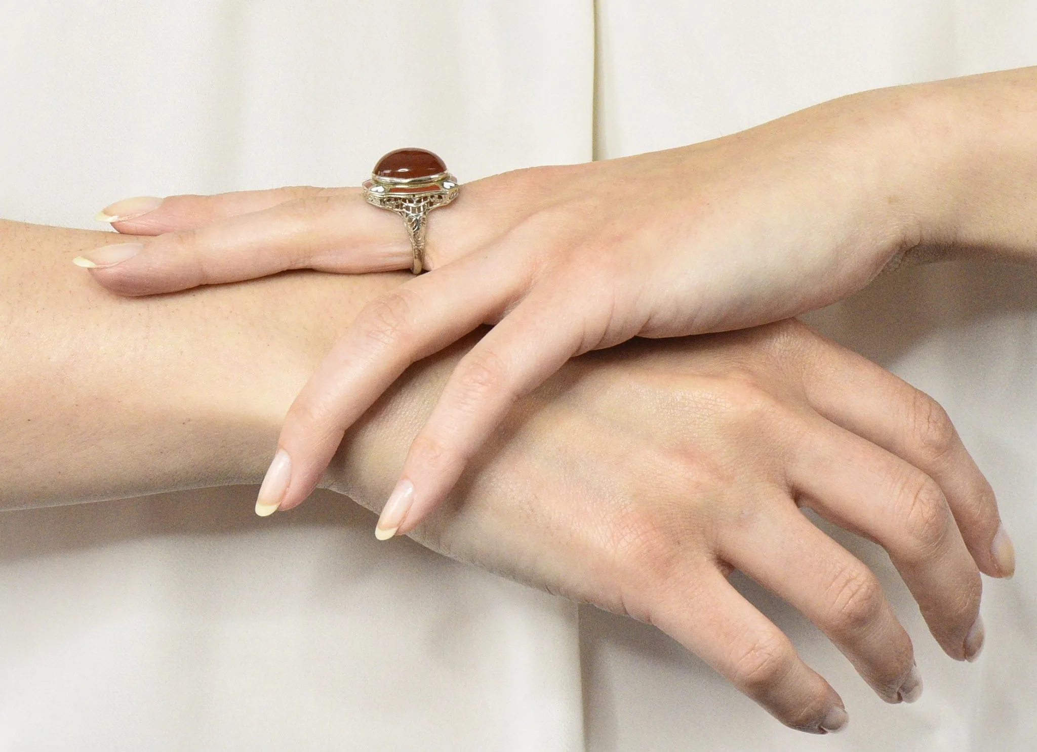 Art Deco Carnelian Enamel Hearts 14 Karat White Gold Ring