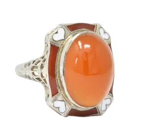 Art Deco Carnelian Enamel Hearts 14 Karat White Gold Ring