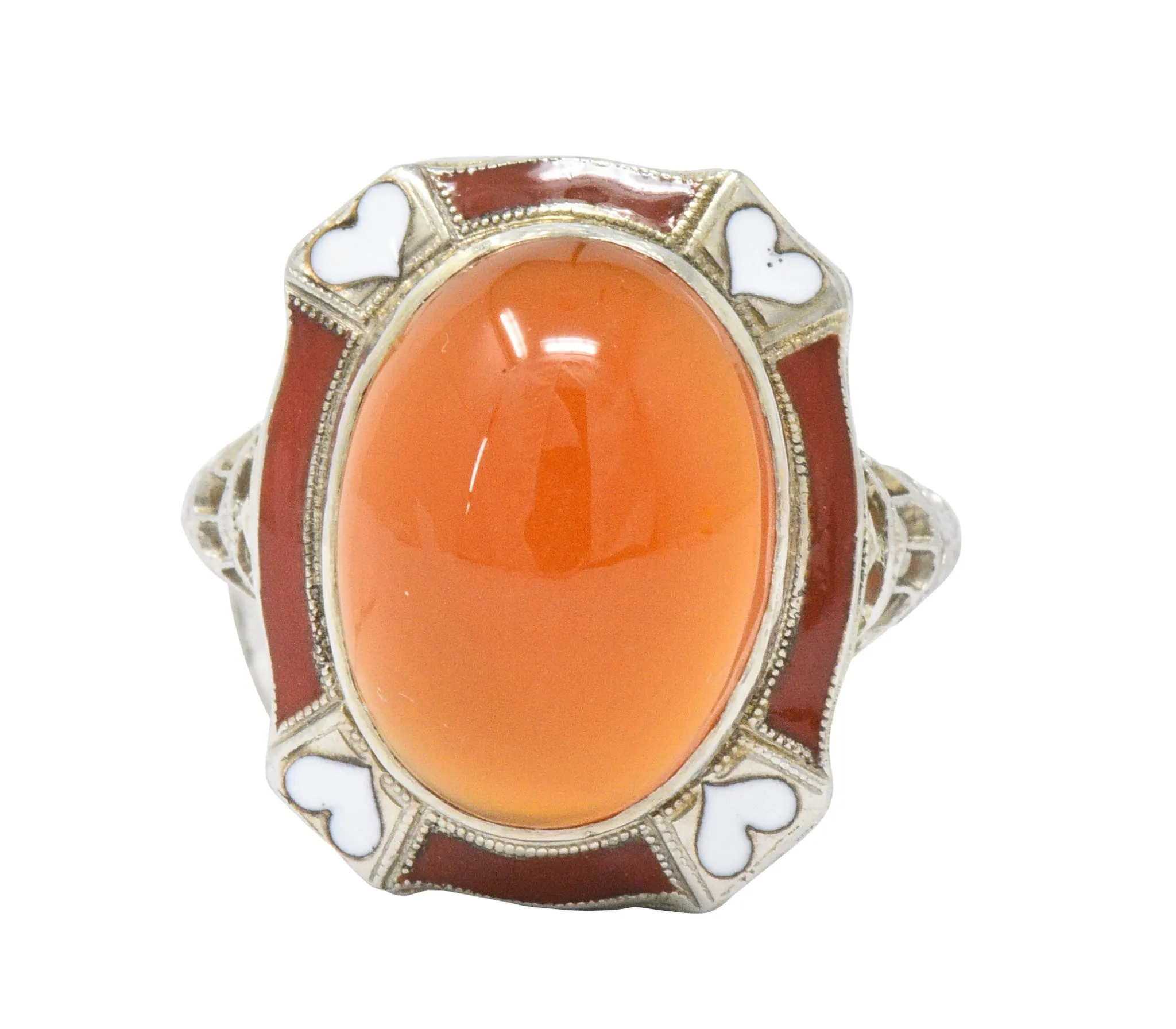 Art Deco Carnelian Enamel Hearts 14 Karat White Gold Ring