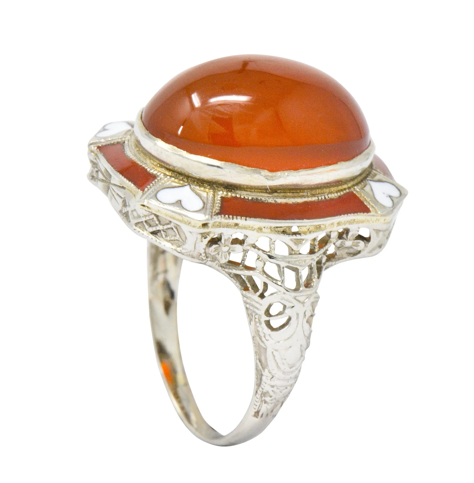 Art Deco Carnelian Enamel Hearts 14 Karat White Gold Ring
