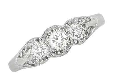 Art Deco Filigree Antique Style 3 Stone Diamond Ring in Platinum