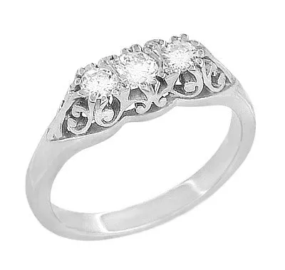 Art Deco Filigree Antique Style 3 Stone Diamond Ring in Platinum