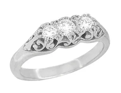 Art Deco Filigree Antique Style 3 Stone Diamond Ring in Platinum