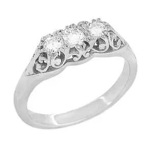 Art Deco Filigree Antique Style 3 Stone Diamond Ring in Platinum