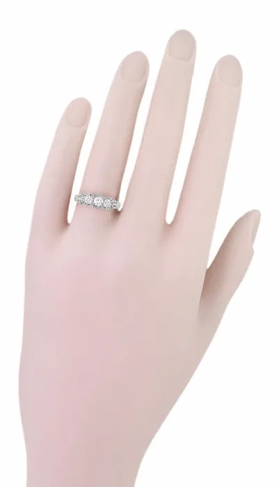 Art Deco Filigree Antique Style 3 Stone Diamond Ring in Platinum