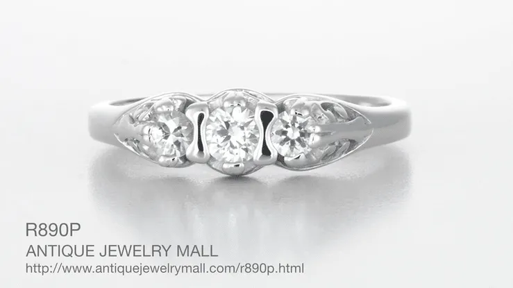 Art Deco Filigree Antique Style 3 Stone Diamond Ring in Platinum