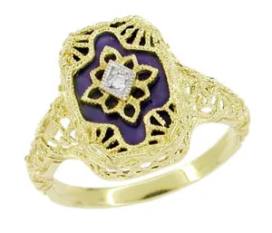Art Deco Filigree Lapis Lazuli and Diamond Ring in 14 Karat Yellow Gold