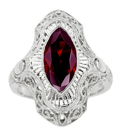 Art Deco Garnet Filigree Cocktail Ring in 14 Karat White Gold