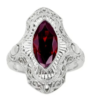 Art Deco Garnet Filigree Cocktail Ring in 14 Karat White Gold