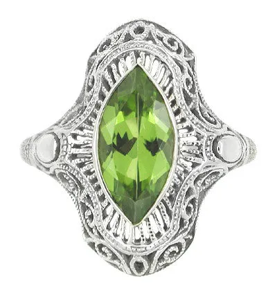 Art Deco Peridot Filigree Cocktail Ring in 14 Karat White Gold