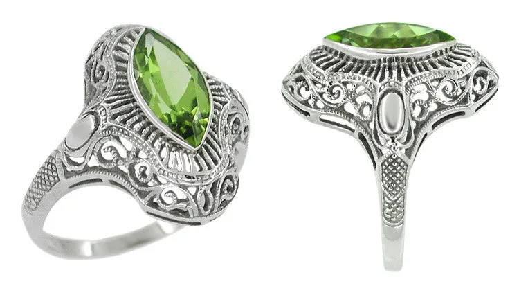 Art Deco Peridot Filigree Cocktail Ring in 14 Karat White Gold
