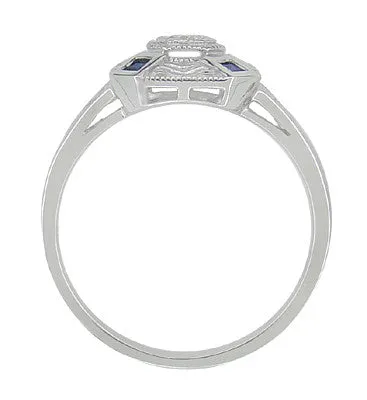 Art Deco Square Sapphires and Diamond Engraved Ring in 14 Karat White Gold