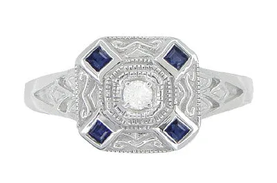 Art Deco Square Sapphires and Diamond Engraved Ring in 14 Karat White Gold