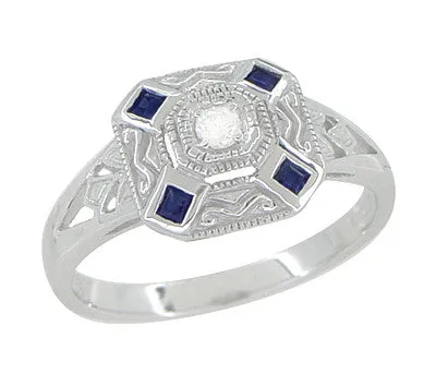 Art Deco Square Sapphires and Diamond Engraved Ring in 14 Karat White Gold