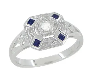 Art Deco Square Sapphires and Diamond Engraved Ring in 14 Karat White Gold