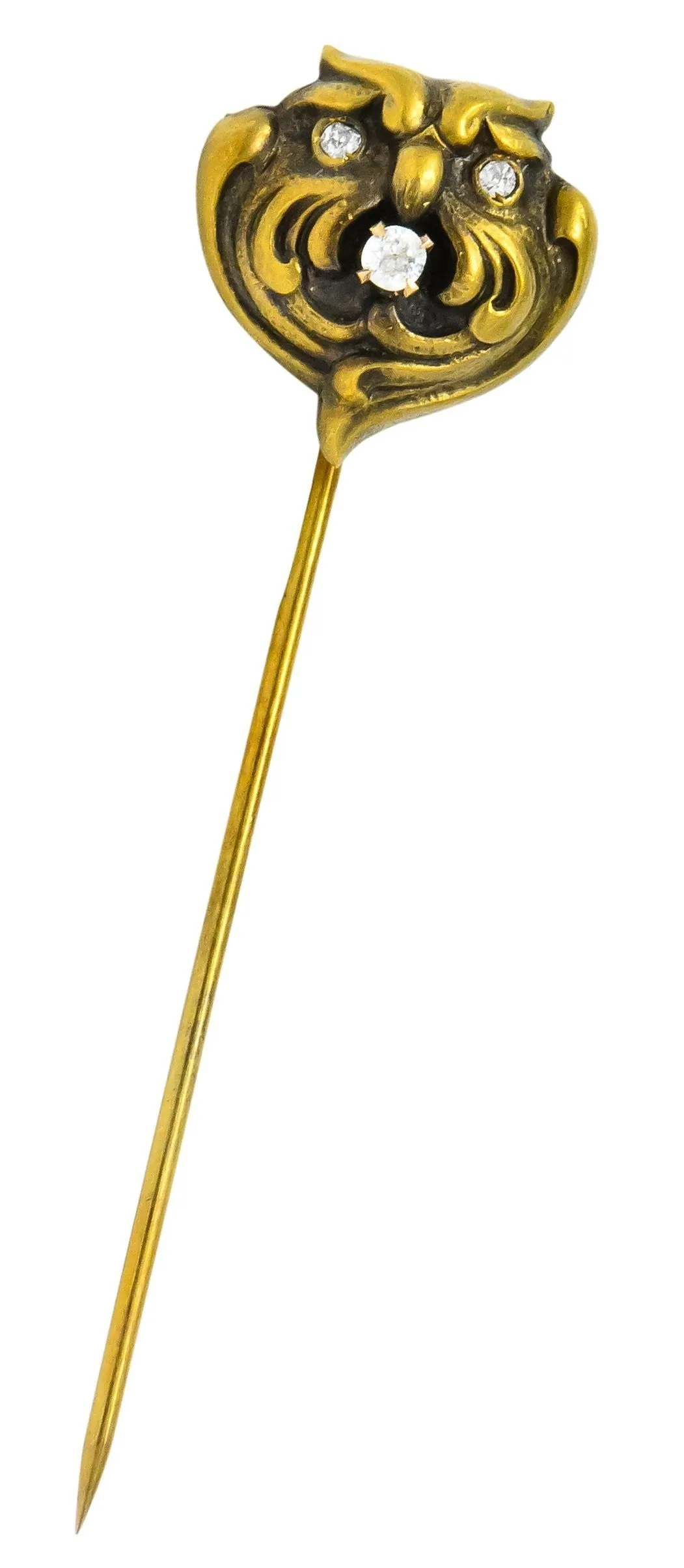 Art Nouveau Diamond 10 Karat Gold Stylized Owl Stickpin