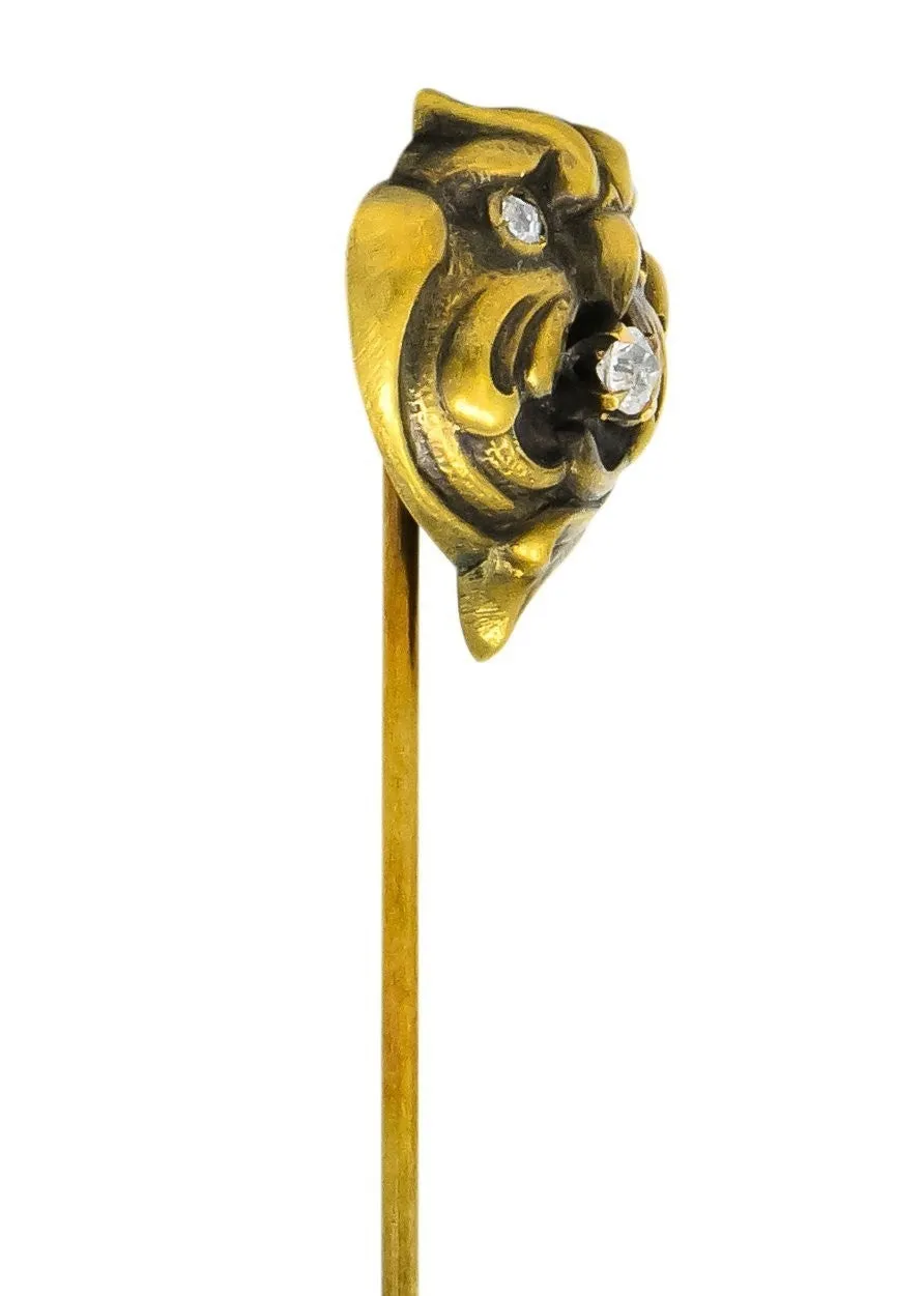 Art Nouveau Diamond 10 Karat Gold Stylized Owl Stickpin