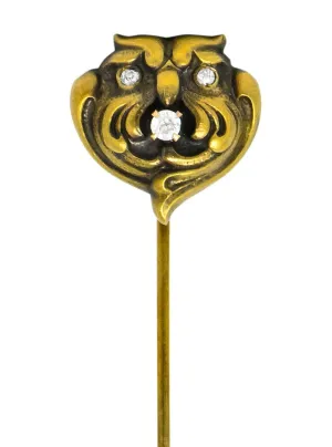 Art Nouveau Diamond 10 Karat Gold Stylized Owl Stickpin