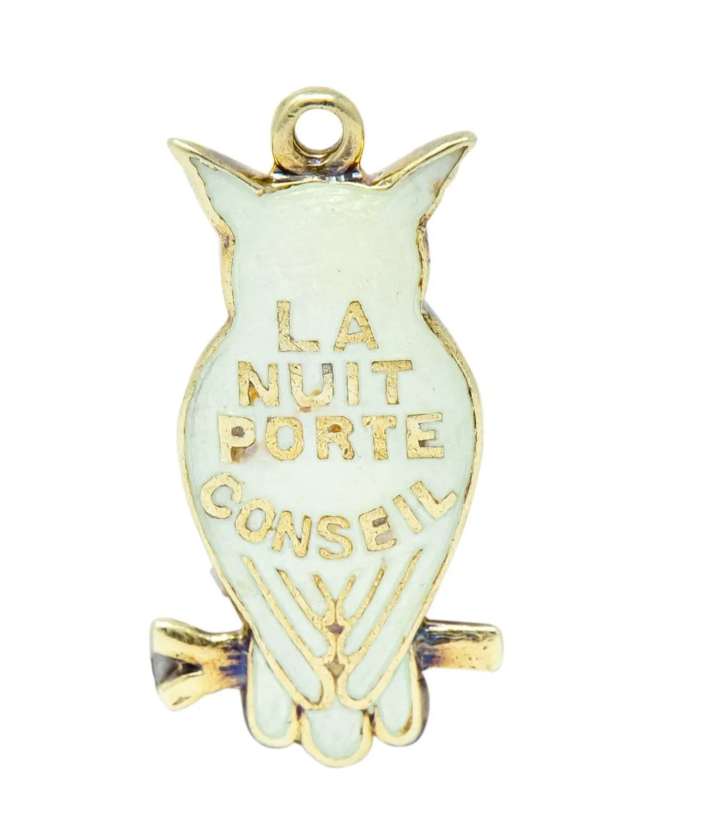 Art Nouveau Diamond Enamel 14 Karat Gold Owl Charm