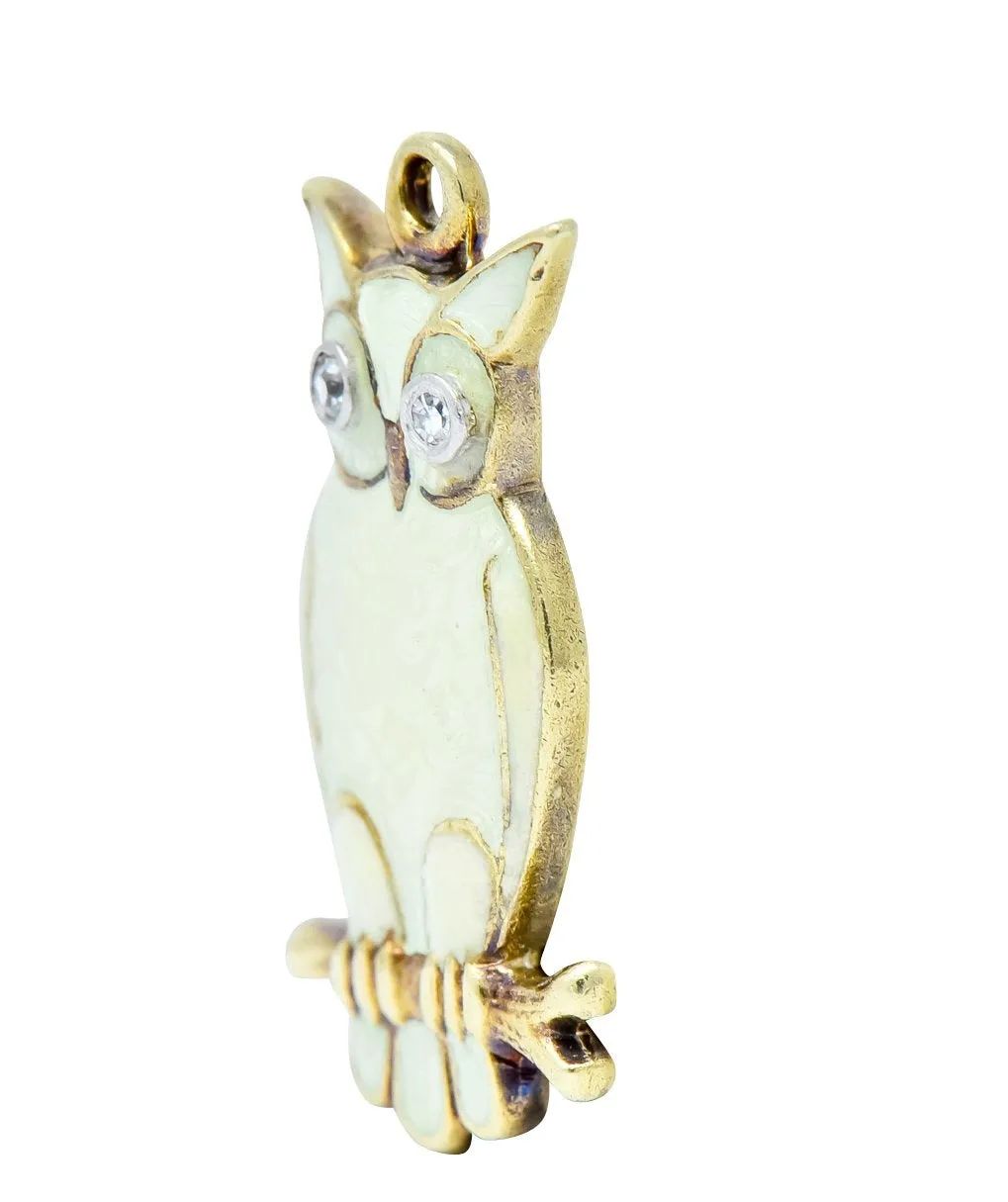 Art Nouveau Diamond Enamel 14 Karat Gold Owl Charm