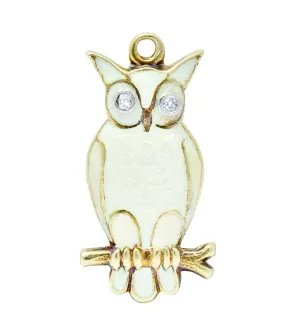 Art Nouveau Diamond Enamel 14 Karat Gold Owl Charm